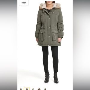 DKNY Faux-Fur Trim Hooded Water-Resistant Anorak Coat parka XS - olive green